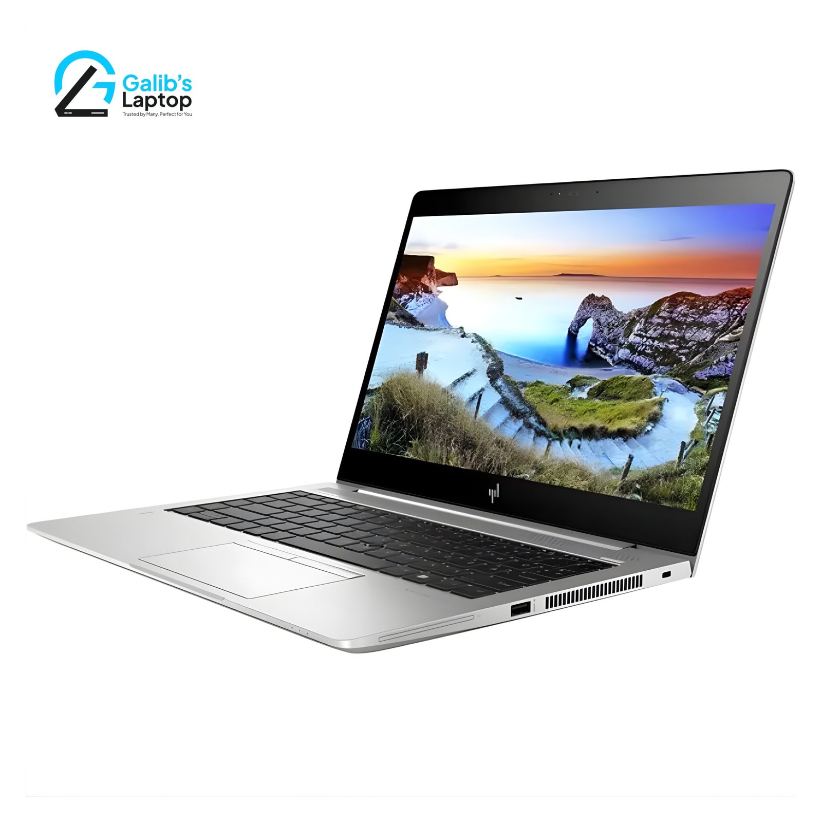 hp-elitebook-840-g6-used-laptop-price-in-bd HP Elitebook 840 G6 used laptop with slim aluminum body and vibrant sunset wallpaper at Galib's Laptop