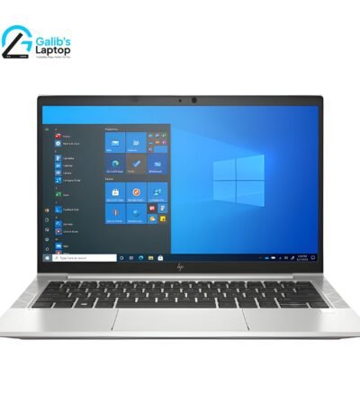 HP Elitebook 840 G8 showing thin bezel display with vibrant blue DNA wallpaper and premium finish