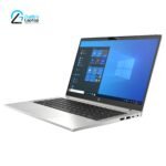Front perspective of HP Elitebook 845 G9 showing vibrant blue wallpaper and premium silver finish