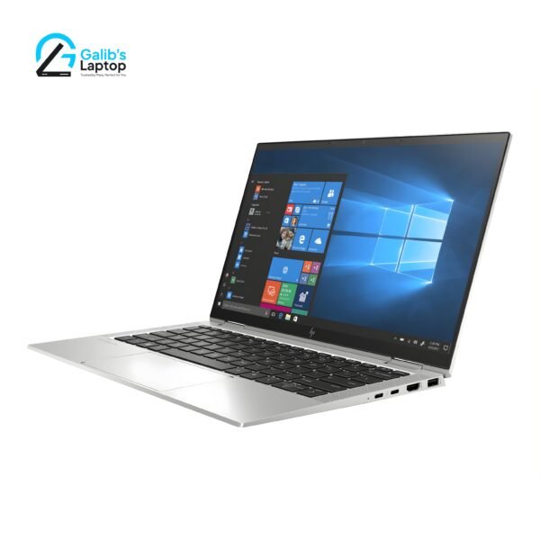 HP EliteBook 1030 G7 convertible touch laptop in tent mode showing Windows 10 interface
