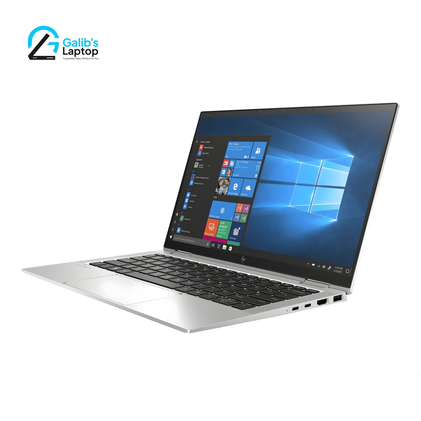 hp-elitebook-x360-1030-g7-used-laptop-price-in-bd HP EliteBook 1030 G7 convertible touch laptop in tent mode showing Windows 10 interface