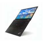 Top down dual view of Lenovo ThinkPad T495 showing open Windows interface alongside matte black lid with ThinkPad logo