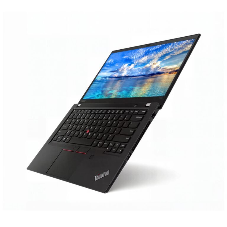 Top down dual view of Lenovo ThinkPad T495 showing open Windows interface alongside matte black lid with ThinkPad logo