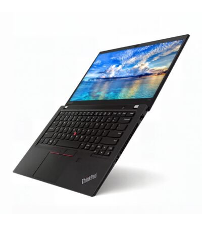 Top down dual view of Lenovo ThinkPad T495 showing open Windows interface alongside matte black lid with ThinkPad logo