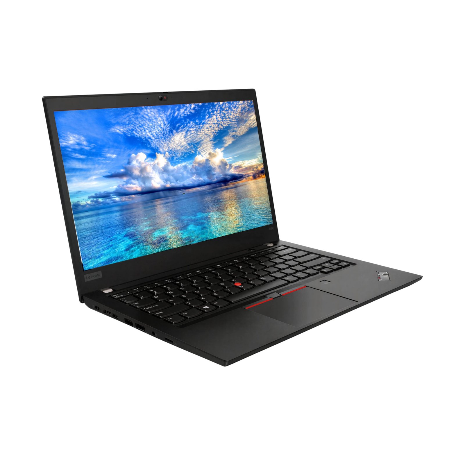 lenovo-thinkpad-t495-business-series-used-laptop Lenovo ThinkPad T495 used laptop with vibrant ocean wallpaper red trackpoint and durable matte black body