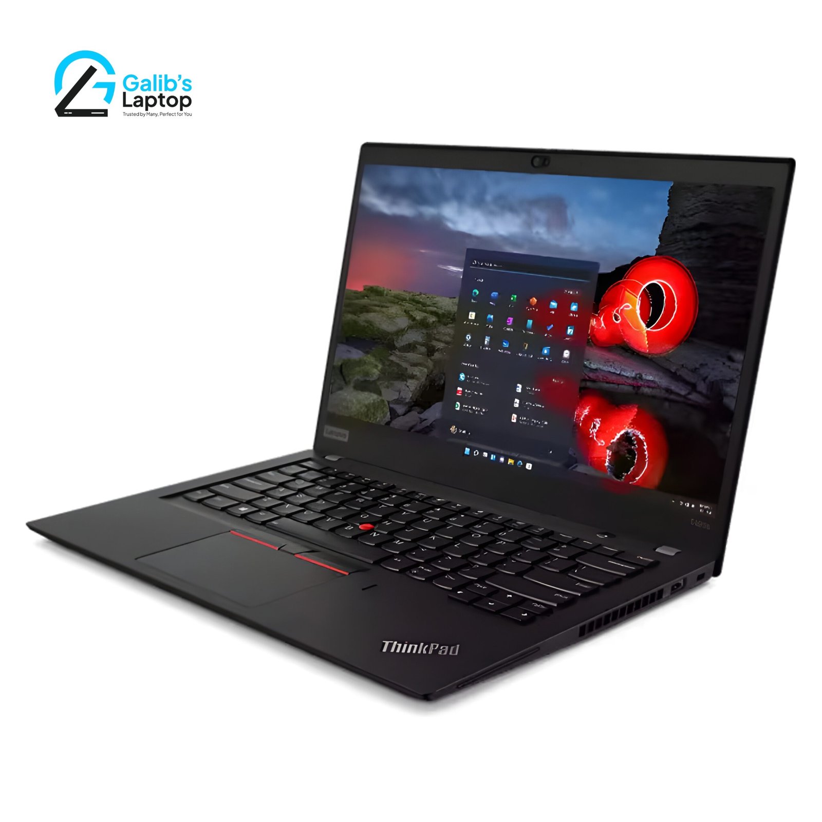 lenovo-thinkpad-t495s-ryzen-pro-used-laptop-price-in-bd Lenovo ThinkPad T495s used laptop with vibrant Windows 11 display and classic red trackpoint at Galib's Laptop