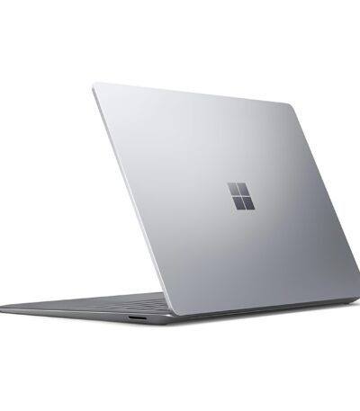 Sleek platinum aluminum back lid of Microsoft Surface Laptop 3 highlighting the reflective Windows logo
