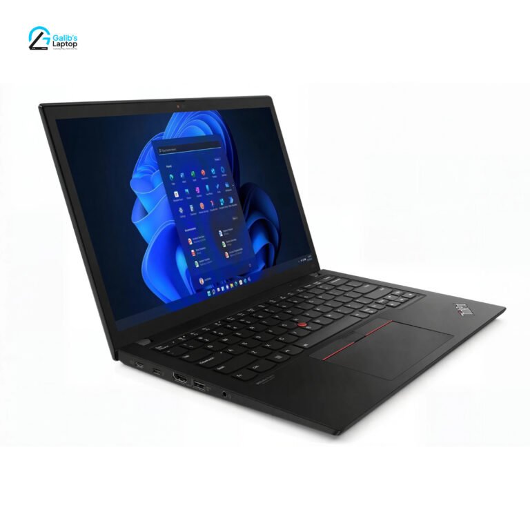 Side perspective of Lenovo ThinkPad X13 Core i5 11th Gen highlighting Windows 11 interface and dual Thunderbolt ports at Galib's Laptop